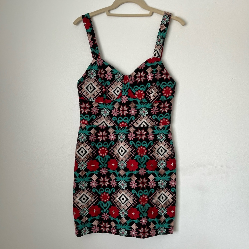 Just Me black bodycon embroidered mini dress | size S